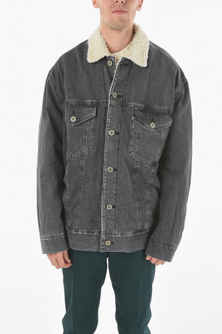 JUNYA WATANABE Faux-fur Lined Denim Jacket with Back Maxi Print