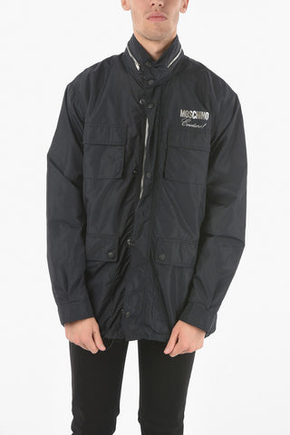 Metallic Logo Print Hidden Hood Utility Windbreaker