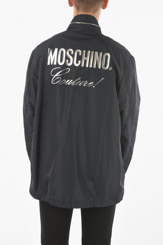 Metallic Logo Print Hidden Hood Utility Windbreaker