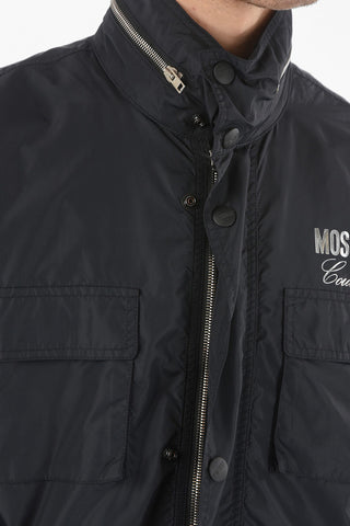 Metallic Logo Print Hidden Hood Utility Windbreaker