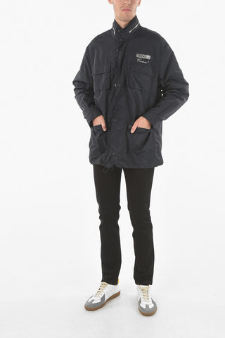 Metallic Logo Print Hidden Hood Utility Windbreaker