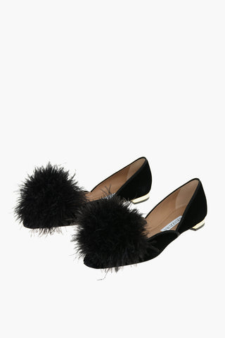 Velour BOUDOIR Pointed-toe Ballet Flats embellished with Ostrich Feathers Pom-pom