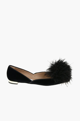 Velour BOUDOIR Pointed-toe Ballet Flats embellished with Ostrich Feathers Pom-pom