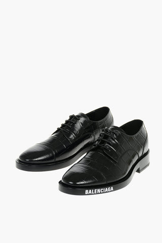 Croco Effect Leather Derby Shoes with Lettering Logo