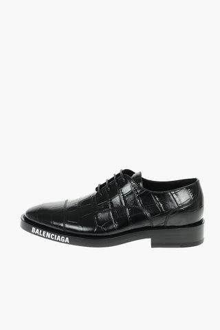 Croco Effect Leather Derby Shoes with Lettering Logo