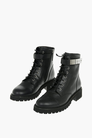 Leather Combat Boots with Metal Strap Closure and Lug Sole
