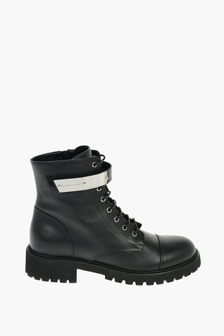 Leather Combat Boots with Metal Strap Closure and Lug Sole