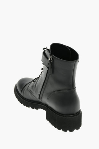 Leather Combat Boots with Metal Strap Closure and Lug Sole