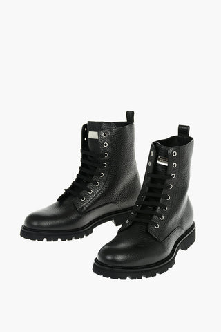 Grained Leather STARS Lace-up Combat Boots embellished with Star-shaped Studs
