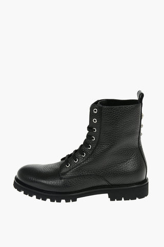 Grained Leather STARS Lace-up Combat Boots embellished with Star-shaped Studs