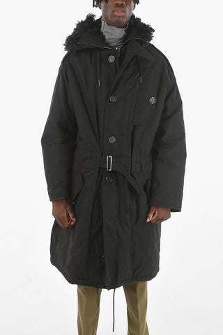 Belted Padded Parka with Real-fur Hood