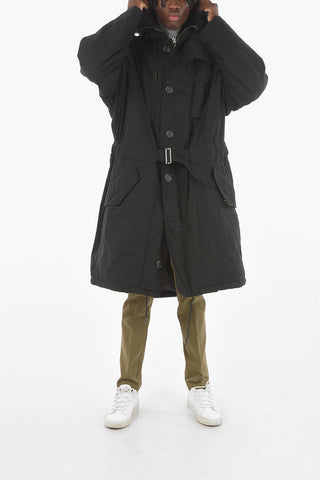 Belted Padded Parka with Real-fur Hood