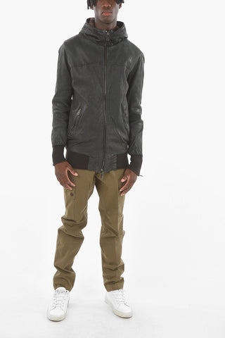 Side Pockets Hooded Leather Jacket