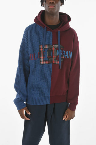 Felpa Hoodie in Maglia Intrecciata e Jersey con Logo in Flanella
