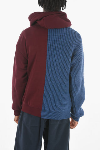 Felpa Hoodie in Maglia Intrecciata e Jersey con Logo in Flanella
