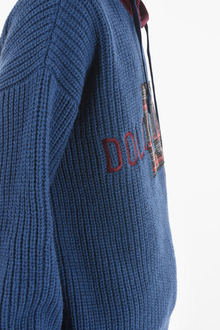 Felpa Hoodie in Maglia Intrecciata e Jersey con Logo in Flanella
