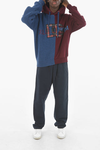 Felpa Hoodie in Maglia Intrecciata e Jersey con Logo in Flanella
