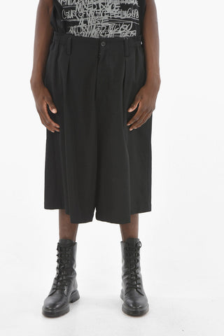 POUR HOMME Wool Double-pleated Shorts with Adjustable Waist