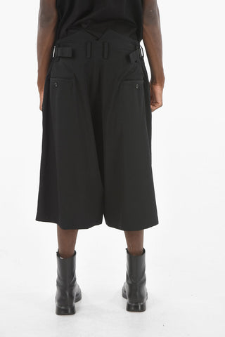 POUR HOMME Wool Double-pleated Shorts with Adjustable Waist