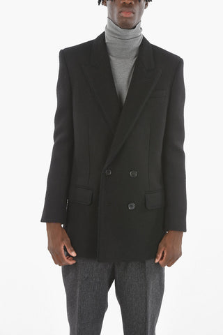 Lined Double Breasted Wool Blend Coat With Flap Pockets