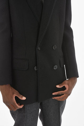 Lined Double Breasted Wool Blend Coat With Flap Pockets