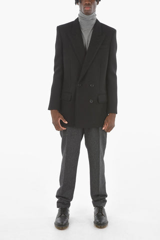 Lined Double Breasted Wool Blend Coat With Flap Pockets