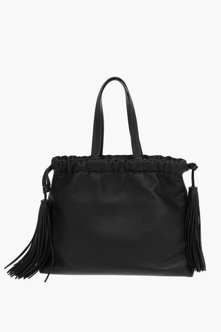 Soft Leather Shoulder Bag with Drawstring embellished with Tassels