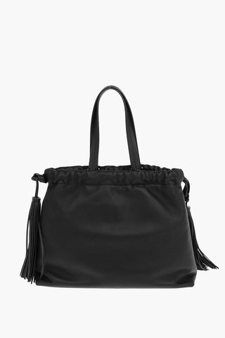 Soft Leather Shoulder Bag with Drawstring embellished with Tassels
