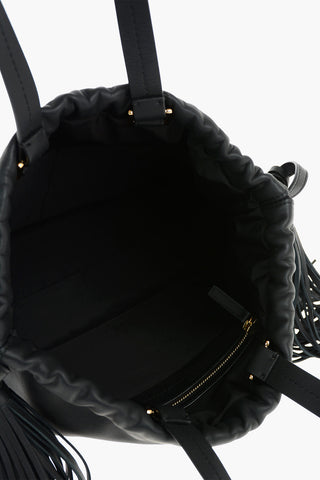 Soft Leather Shoulder Bag with Drawstring embellished with Tassels