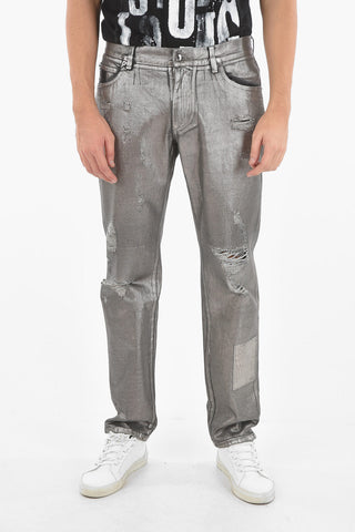 Jeans a Gamba diritta in Denim Lamé con Strappi 18cm