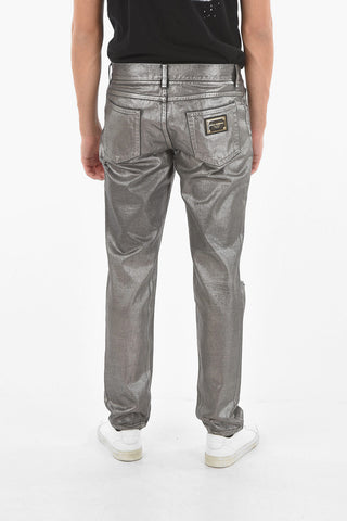 Jeans a Gamba diritta in Denim Lamé con Strappi 18cm