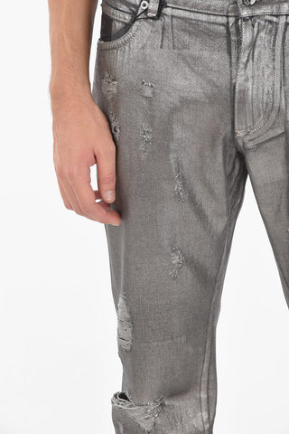 Jeans a Gamba diritta in Denim Lamé con Strappi 18cm