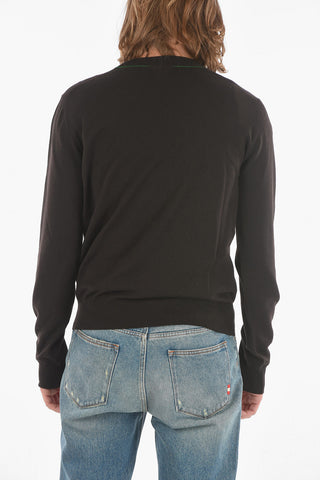 Maglia in Misto Lana con Collo a V e Orli a Costine
