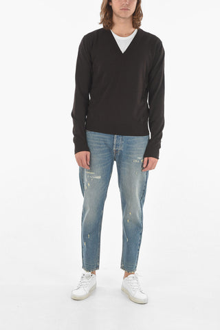 Maglia in Misto Lana con Collo a V e Orli a Costine