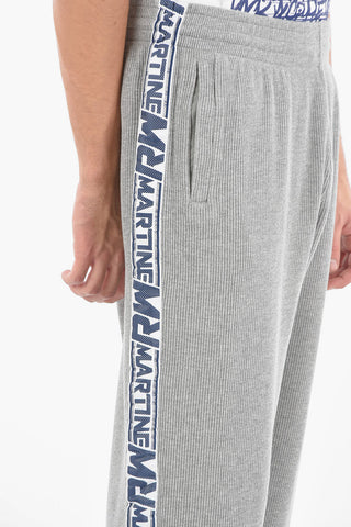 Ribbed Velour Flared Joggers with Logoed Side Bands