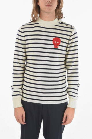 Awning Striped Crewneck Sweater with Skull Embroidery