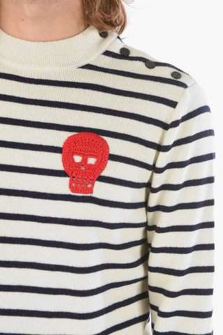 Awning Striped Crewneck Sweater with Skull Embroidery