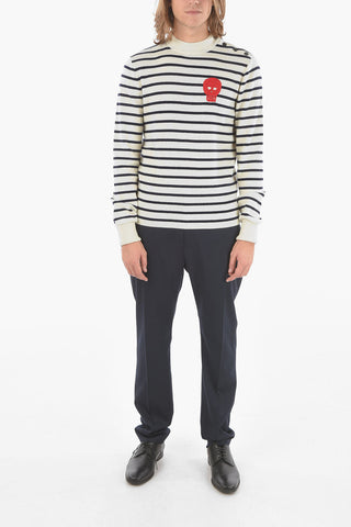 Awning Striped Crewneck Sweater with Skull Embroidery