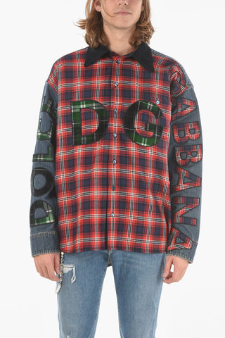 Flannel Denim Over Shirt with Lettering  Logo Patch