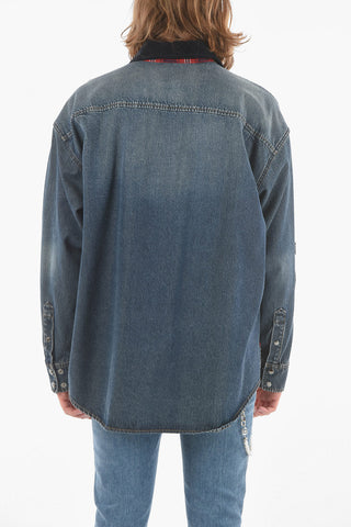 Flannel Denim Over Shirt with Lettering  Logo Patch
