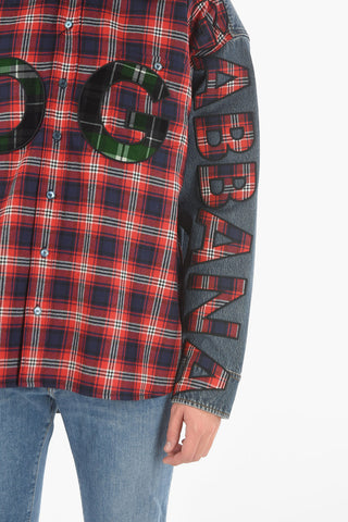 Flannel Denim Over Shirt with Lettering  Logo Patch