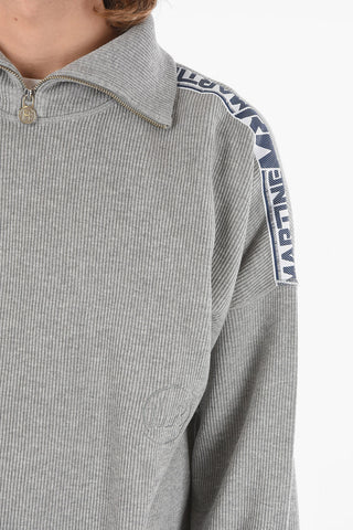 Ribbed Velour Half-zip Sweatshirt with Contrasting Logoed Bands