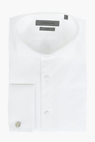 Camicia Slim Fit in Cotone Birds'Eye con Collo Diplomatico e Gemelli
