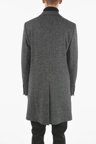 Herringbone Virgin Wool-blend Coat with Peak Lapel