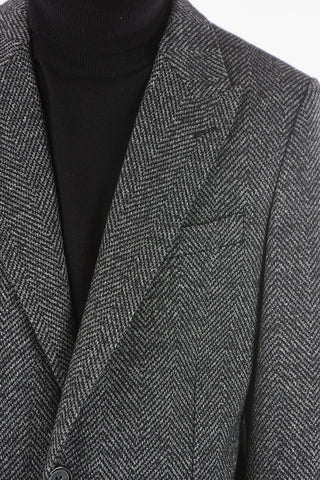 Herringbone Virgin Wool-blend Coat with Peak Lapel