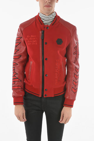 HOMME Bomber in Pelle e Tessuto Decorato con Strass