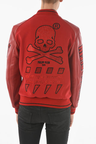 HOMME Bomber in Pelle e Tessuto Decorato con Strass