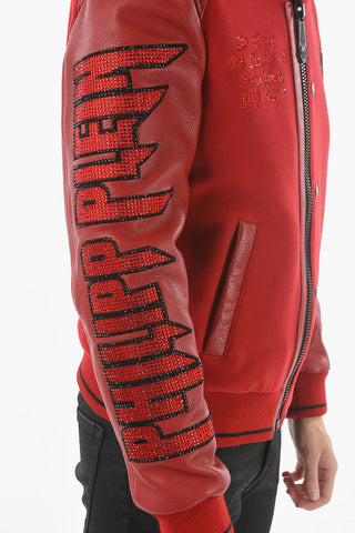 HOMME Bomber in Pelle e Tessuto Decorato con Strass