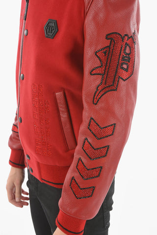 HOMME Bomber in Pelle e Tessuto Decorato con Strass