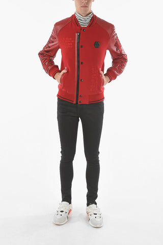 HOMME Bomber in Pelle e Tessuto Decorato con Strass